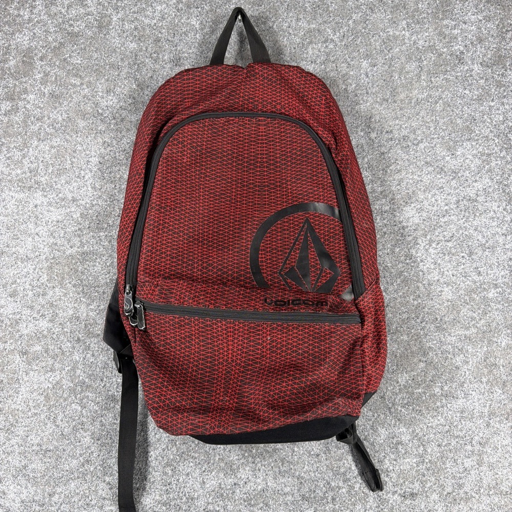 VOLCOM Stone Logo Backpack Red Black Geometric Crosshatch Grid Skate School Bag